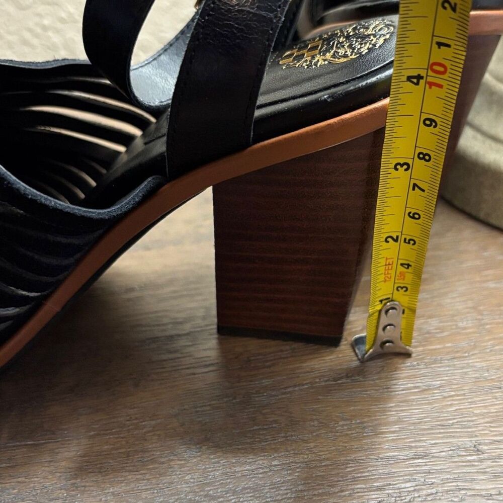 Vince Camuto Frenela Suede Woven Ankle Strap Block Heel Sandals Black 10M Chic - Picture 9 of 9